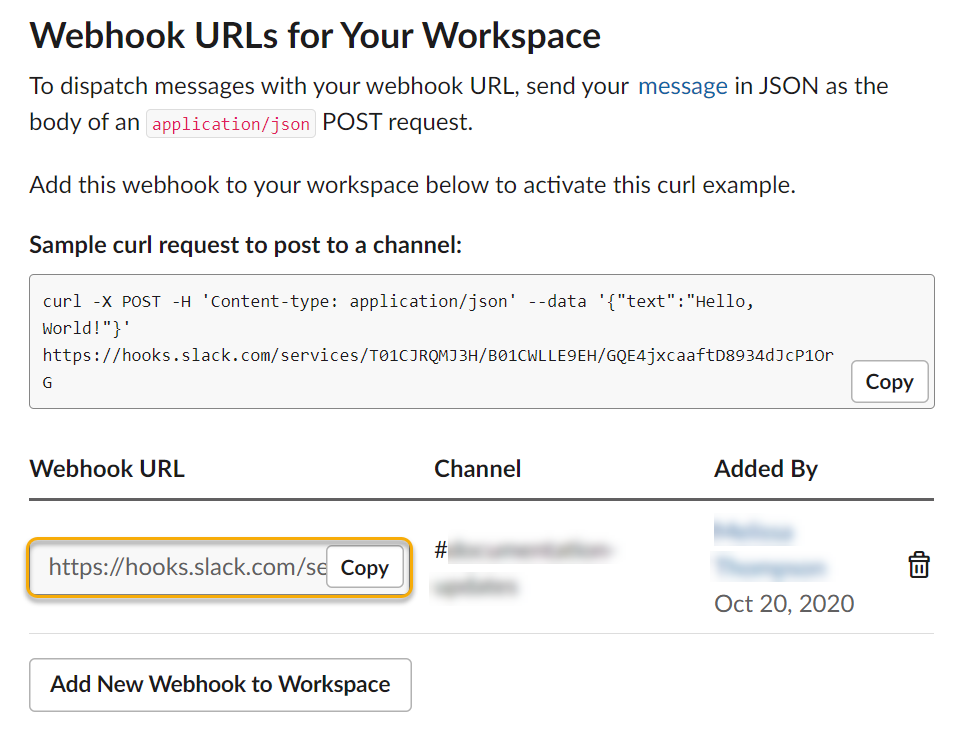 On the Webhook URLs for Your Workspace page the Webhook URL is highlighted, with a Copy button to the right
